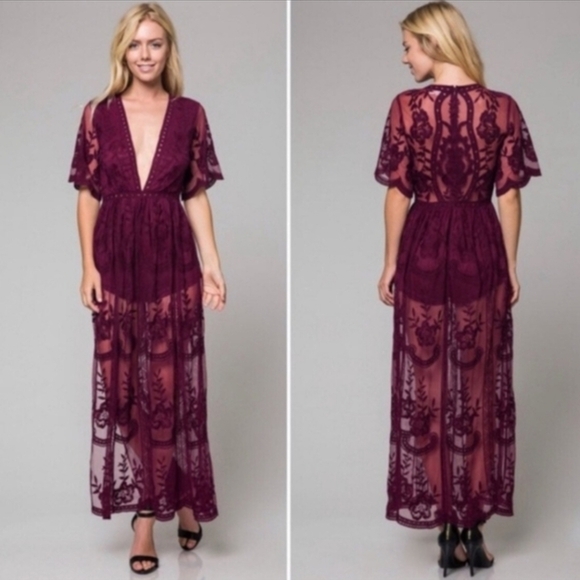 Honey Punch Dresses & Skirts - Honey Punch Endless Lace Romper Maxi Dress Size Medium Burgundy Wine Size M
